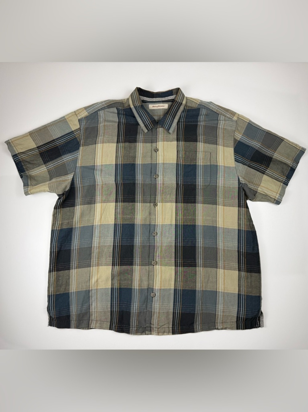 Tommy Bahama Shirt Mens 2XL XXL Plaid Silk Linen Short Sleeve Button Up Resort